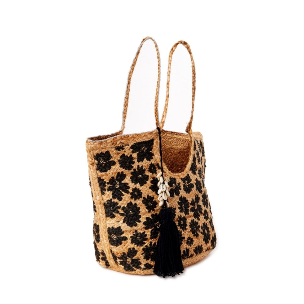 Black Floral Jute Tote Bag Beach Grocery Clothing CUTE! - Picture 3 of 4